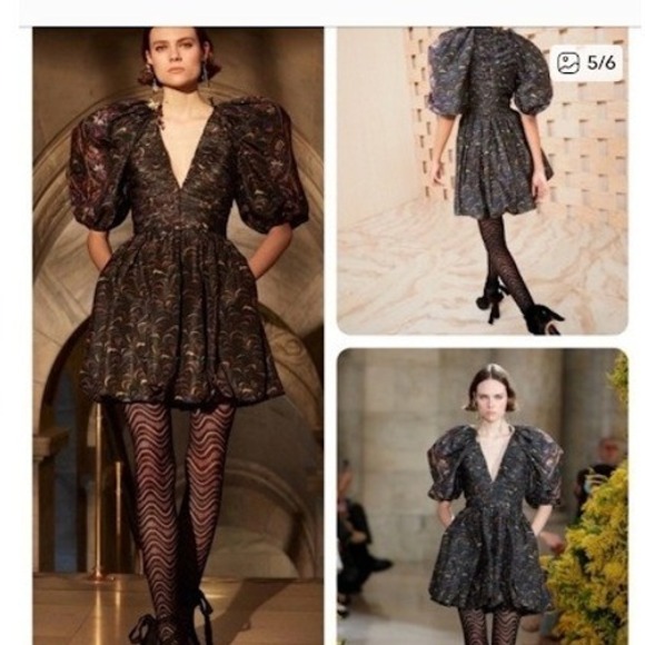 ULLA JOHNSON Gwen Dress Size 12 Obsidian Printed V Neck Puff Sleeve‎ Mini NEW - Picture 2 of 12